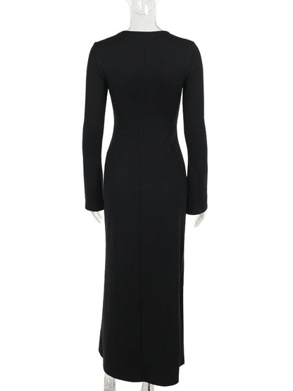 Long Sleeves Loose Asymmetric Color Split-joint Split-side Round-neck Maxi Dresses