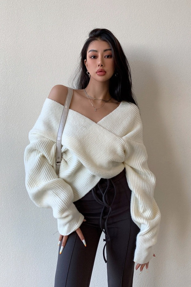 V-neck Crisscross Cold Shoulder Asymmetric Sweater