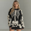 Women's Halloween Skeleton Bones With Rose Art Hot Sexy Style Cozy Knit Mini Sweater Dress elevenforest