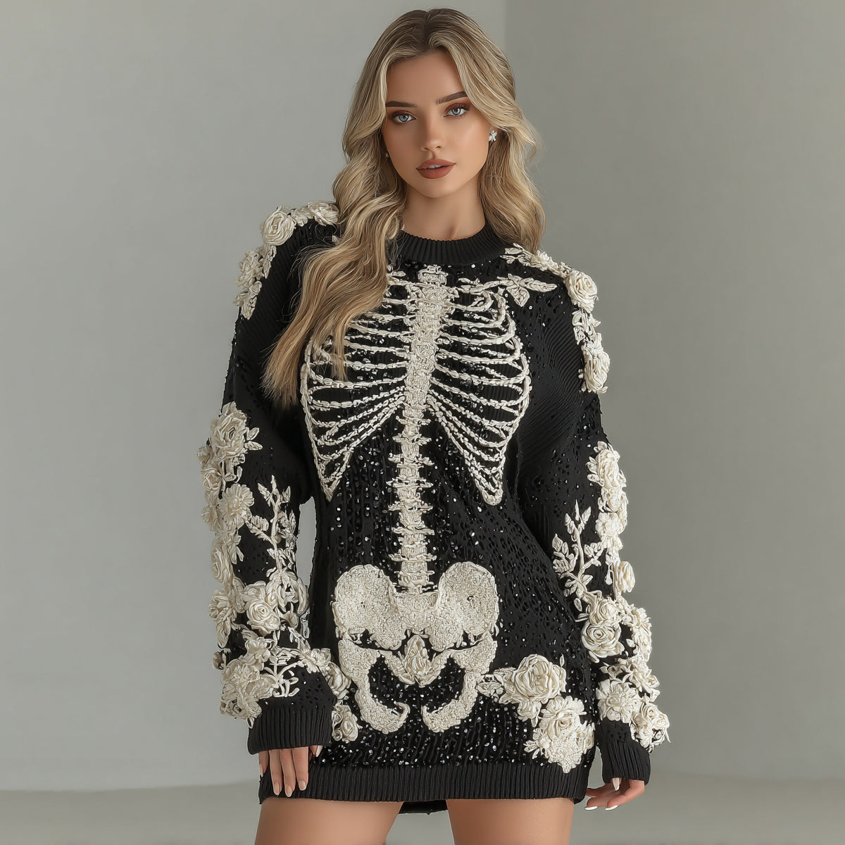 Comstylish Women's Halloween Skeleton Bones With Rose Art Hot Sexy Style Cozy Knit Mini Sweater Dress