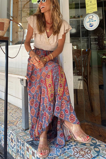 Audrina Print Elastic Waist Tassel Maxi Skirt