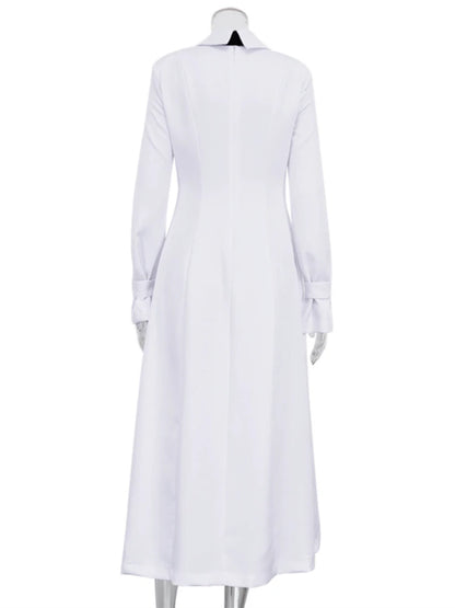 Side Slit Long Dress for White Turn Collar Tie Midi Dresses Femme New Street Loose Slender Dress Woman