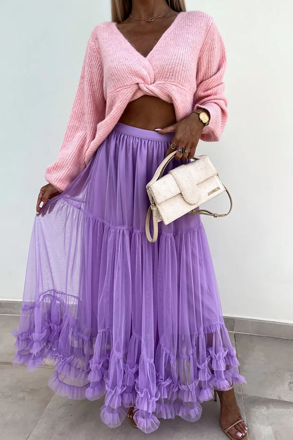Tulle Stretch Waist Paneled Pleated Maxi Skirt