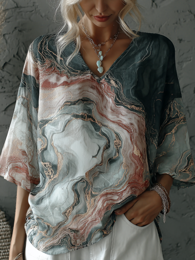 Vintage Marble Texture Collection Bohemia Women Style Gradient Gilded Pattern Linen T-shirt elevenforest