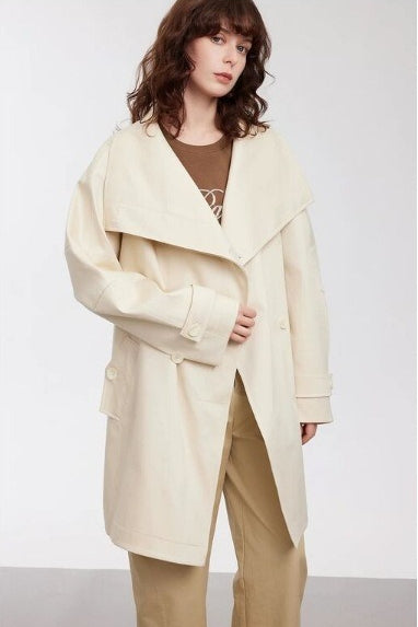 Wide Collar Single-button Mid-length Loose Fit Trench Coat