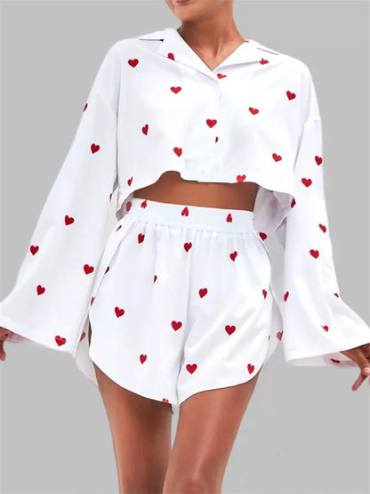 Loose 2 Piece-set Shorts Outfits ’s Patchwork V-neck Cropped Pullover and High Waist Shorts Female Sets