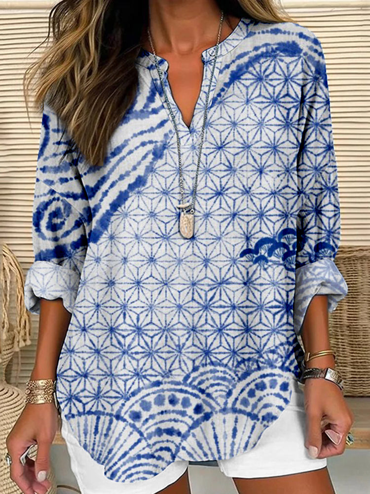 Comstylish Japanese Shibori Art Linen Blend Cozy Shirt