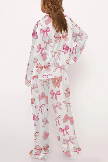 Stylish Bow-print Long-sleeved Shirt and Elastic-waisted Wide-leg Pants Set