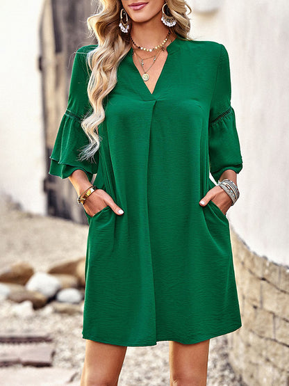 Loose Short Sleeves Falbala Color V-neck Mini Dresses