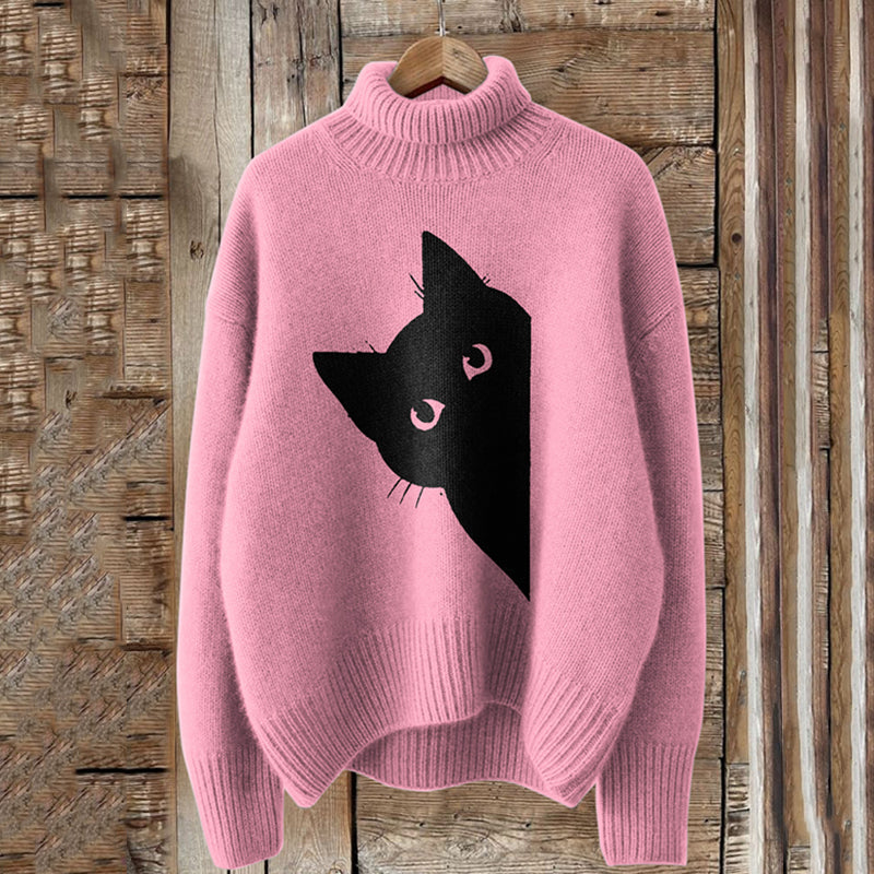Vintage Peek-A-Boo Hiding Black Cat Pattern Print Turtleneck Knitted Cozy Pullover Sweater elevenforest