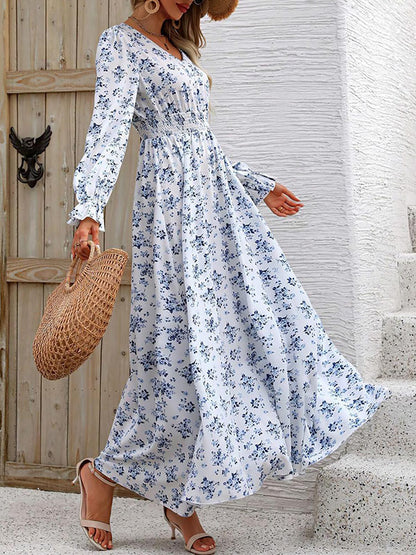 Long Sleeves Loose Elasticity Printed V-neck Maxi Dresses