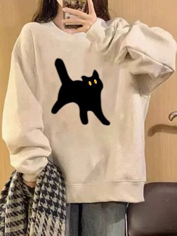 Retro Oversize Sweatshirt With Cat Print