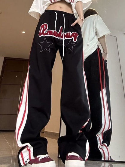 Contrast Color Y2k Flocking Print Star Patch Baggy Sweatpants