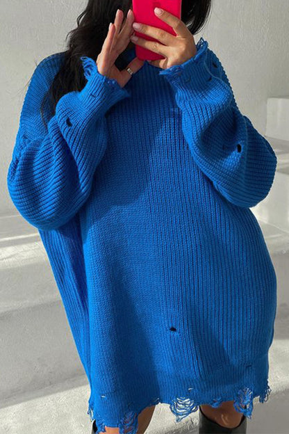 Color Loose Ripped Knitted Mid-length Sweater