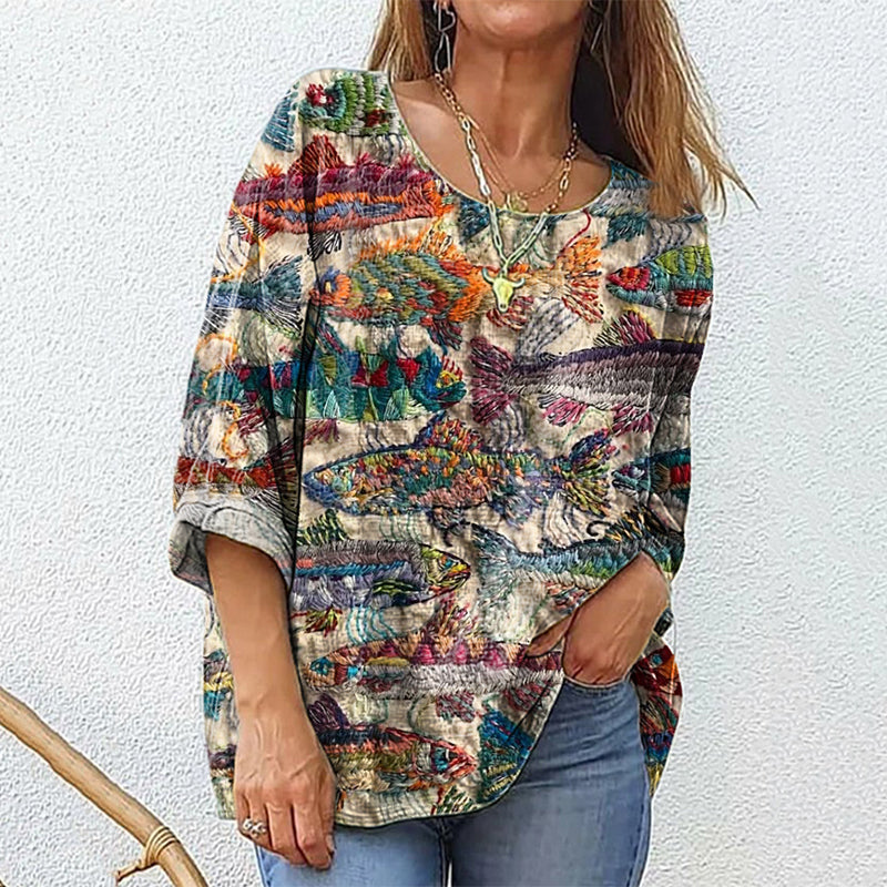 Women's Retro Ethnic Fish Patchwork Art Print Shirt elevenforest