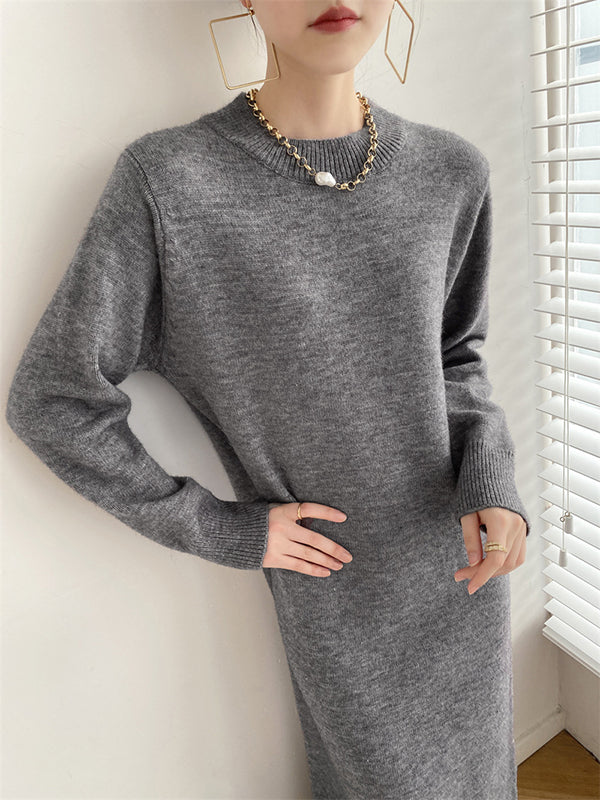 Urban Loose Long Sleeves Color Round-neck Sweater Dresses