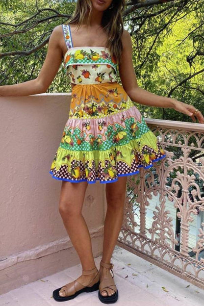 Summer Multicolorlemon Preated Hem Mini Dress