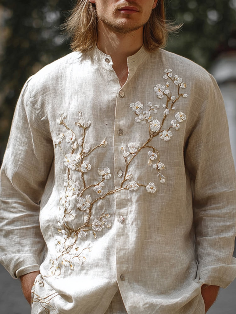 Bohemian White Plum Blossom Embroidery Vintage Long-sleeved Shirt elevenforest