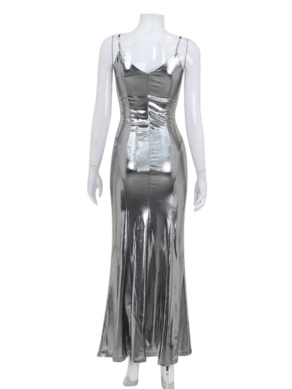 Sleeveless Shiny Color Split-joint Spaghetti-neck Maxi Dresses