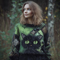 Women's Casual Vintage Halloween Black Cat Embroidered Sweater artswardrobe