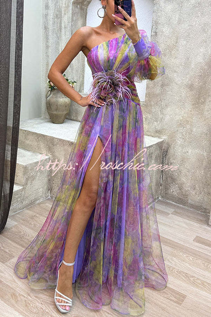 Picturesque Beauty Tulle Pleated One Shoulder Sleeve Slit Maxi Dress