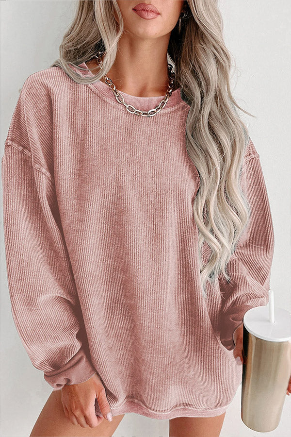 Ribbed Round Neck Pullover Sweatshirt