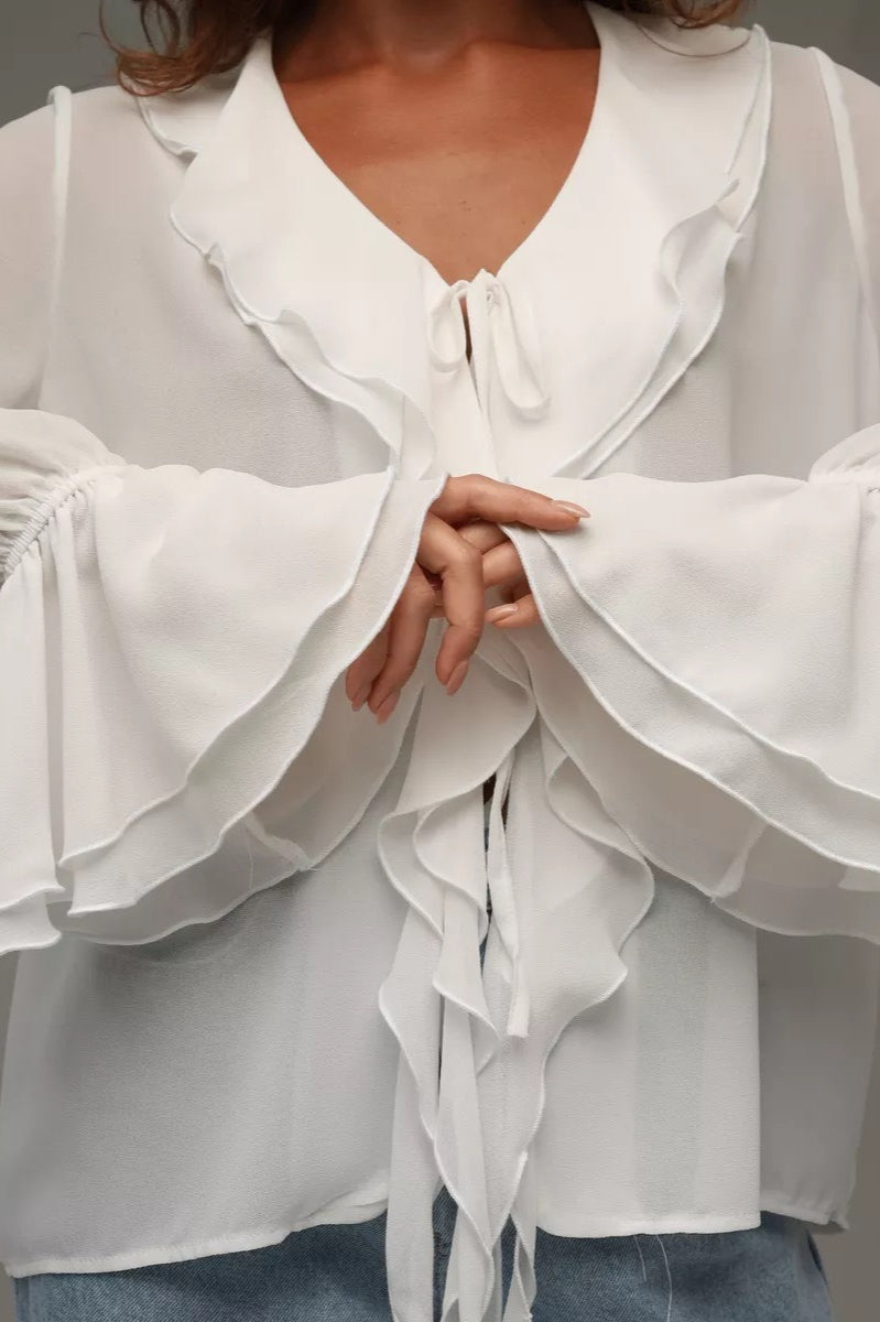 V-neck Ruffled Flare Sleeve Blouse