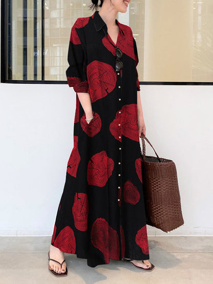 Long Sleeves Loose Printed Split-joint Lapel Maxi Dresses Shirt Dress