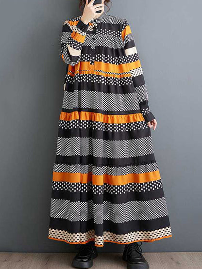 A-line Long Sleeves Buttoned Polka-dot Split-joint Round-neck Midi Dresses