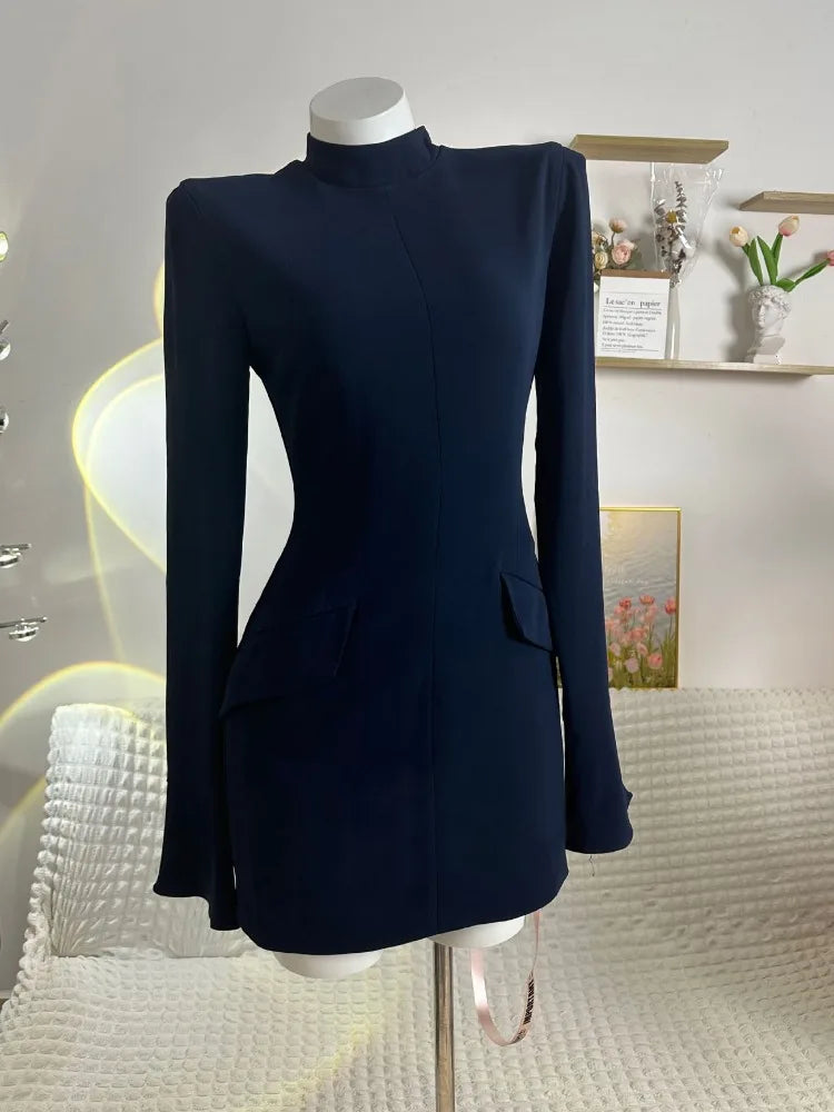 Patchwork High Waist Mini Dress Female Long Sleeve Autumn Pocket Slim Dress ’s Dress New
