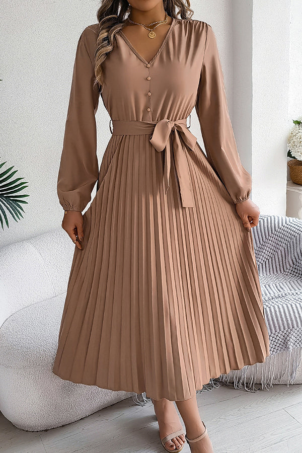 Color V-neck Buttoned Lace-up Pleated Maxi Dress