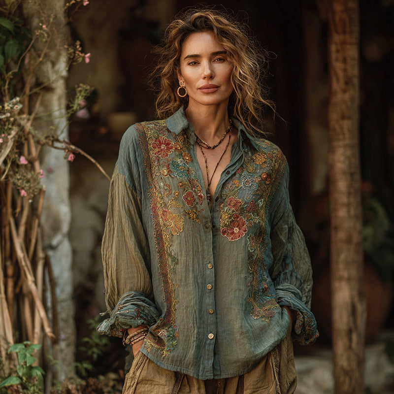 Women's Vintage Floral Embroidered Casual Shirt elevenforest
