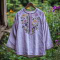 Women's Purple Flowers Embroidery Vintage Linen Shirt elevenforest