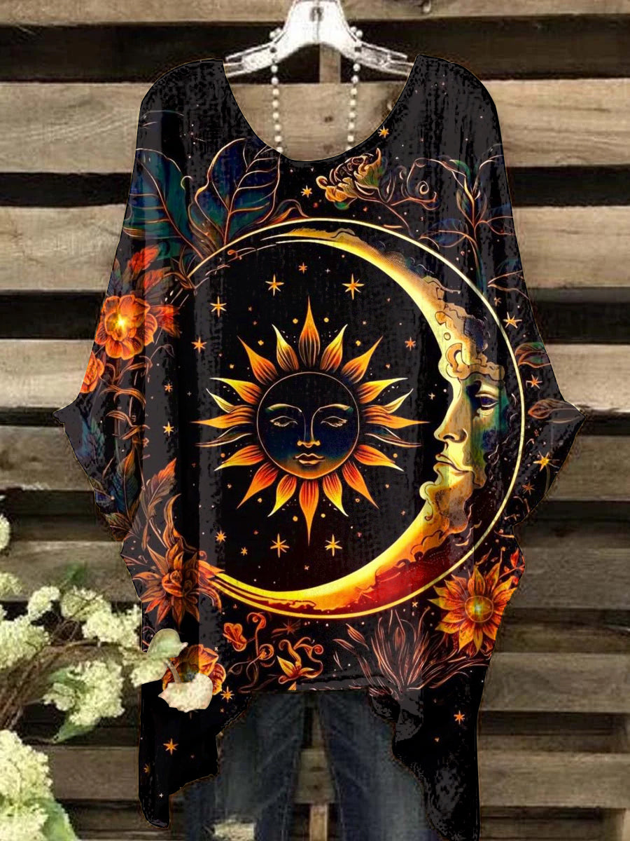 Women's Vintage Mystery Star And Moon Art Print Crew Neck Top