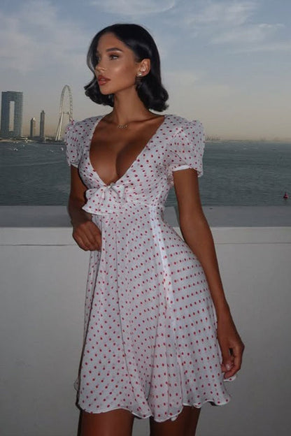 Deep V Puff Sleeve High Waist Polka Dot Mini Dress