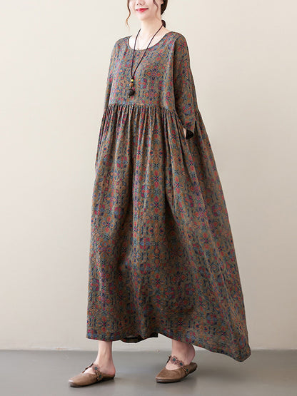 Vacation Loose Half Sleeves Printed Pleated Round-neck Midi Dresses