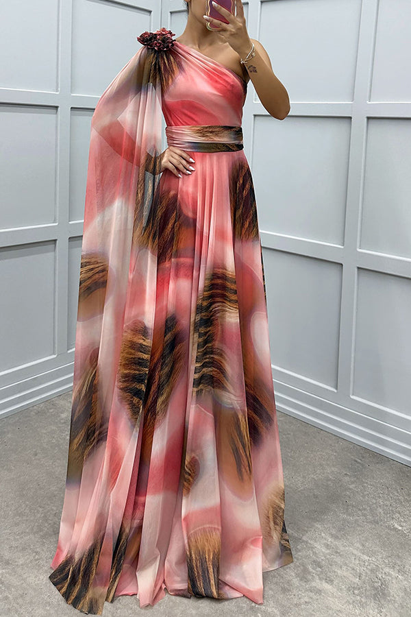 Lucia Unique Print Detail One Shoulder Draped Sleeve Gown Maxi Dress