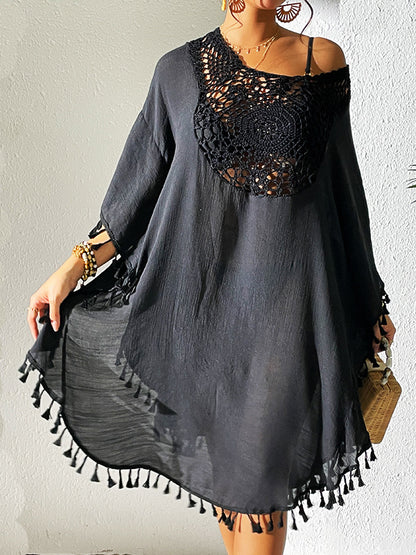 Batwing Sleeves Loose Hollow Color Sun Protection Tasseled Round-neck Cover-ups Tops Midi Dresses