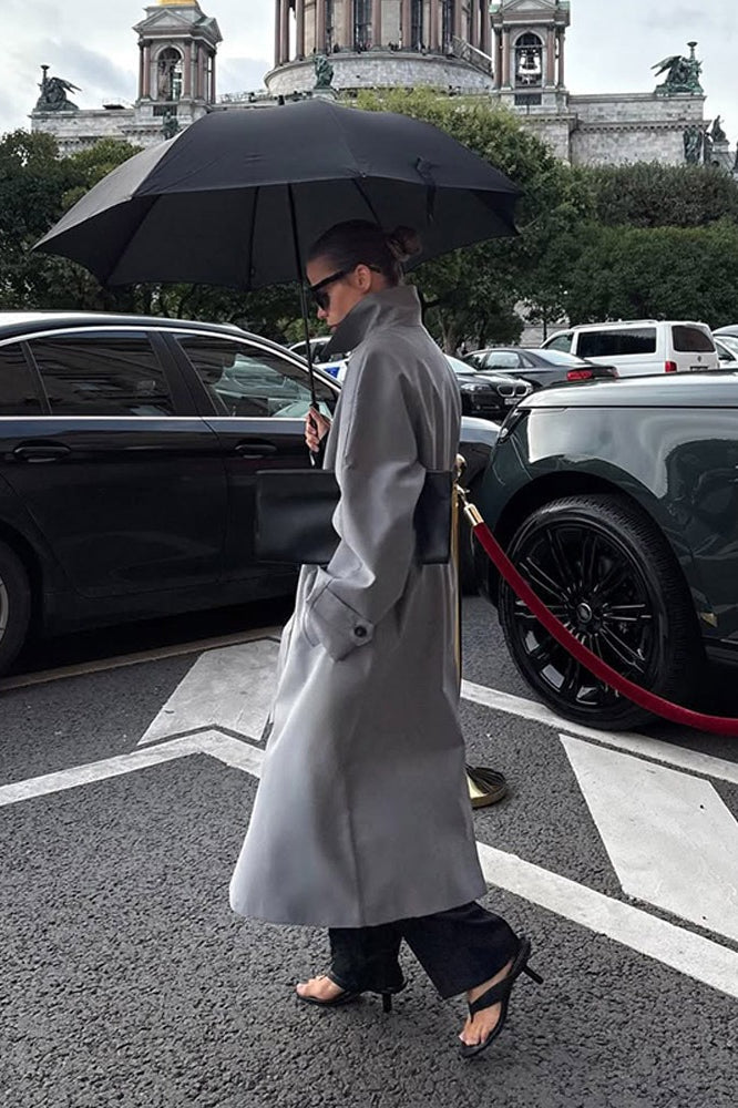 Lazy- European Color Stand Collar Belted Long Overcoat