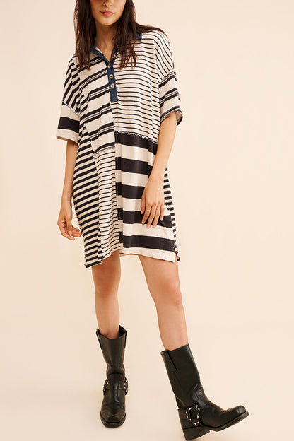 Contrast Striped Patchwork Denim Lapel Loose Mini Dress