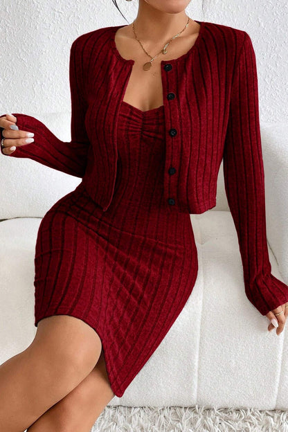 Slim Crop Cardigan Dress Two Piece Set