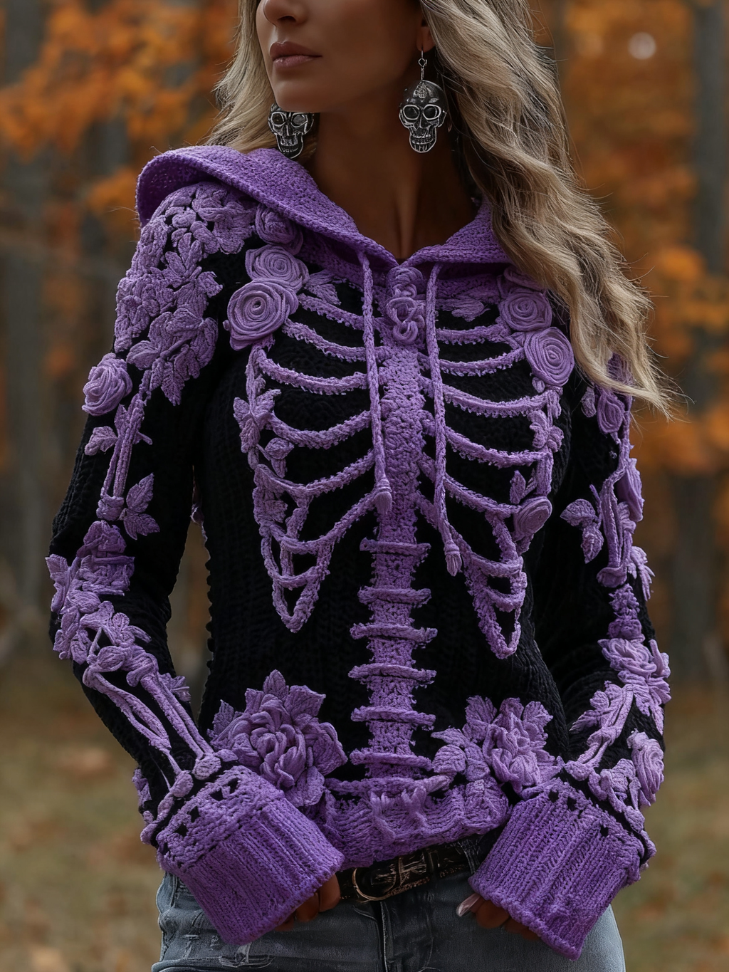 Women's Halloween Skeleton Bones With Roses Art Knitted Warm Hooded Sweater artswardrobe