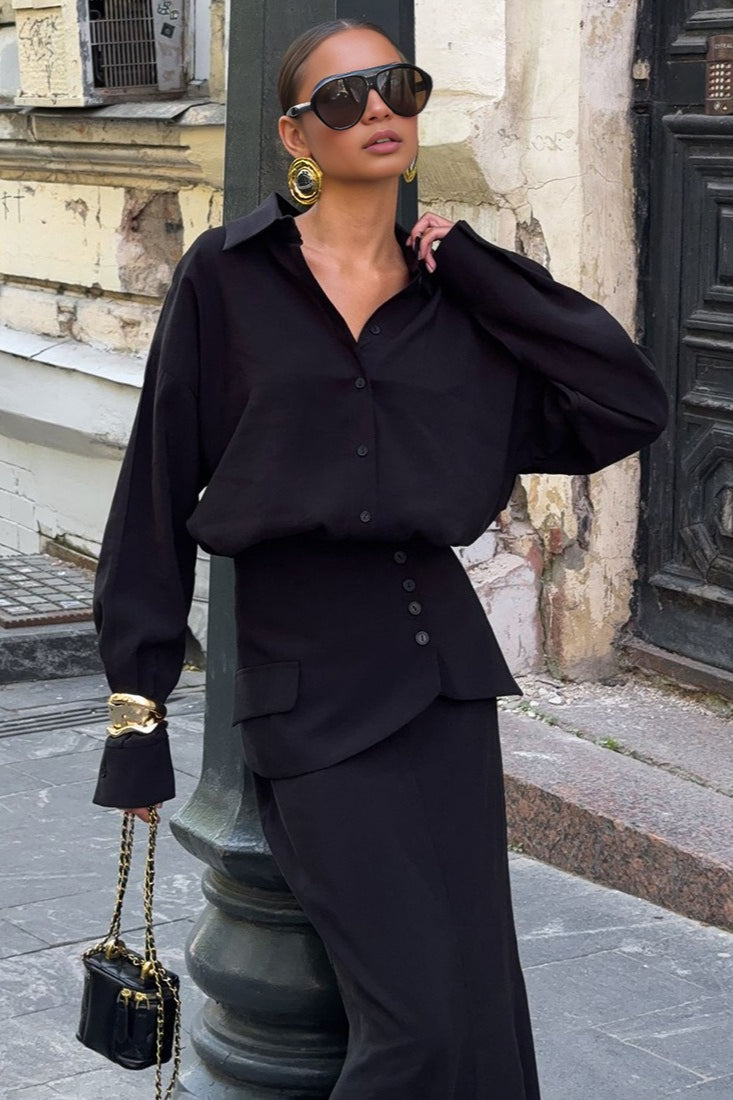 Creative Street Style Long Sleeve Shirtdress Two Piece Set