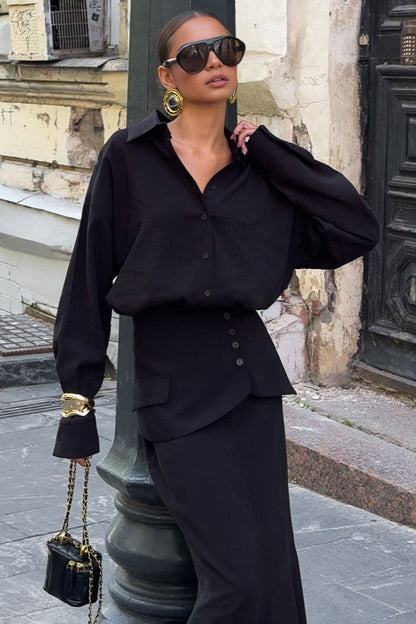 Creative Street Style Long Sleeve Shirtdress Two Piece Set