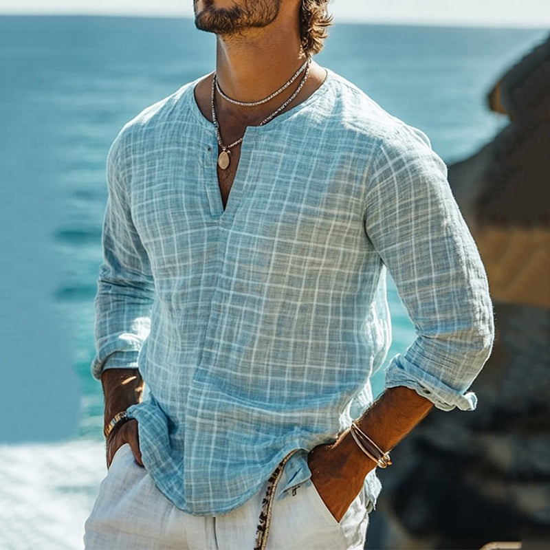 Men's Casual Plaid Cotton And Linen Long Sleeve Shirt elevenforest