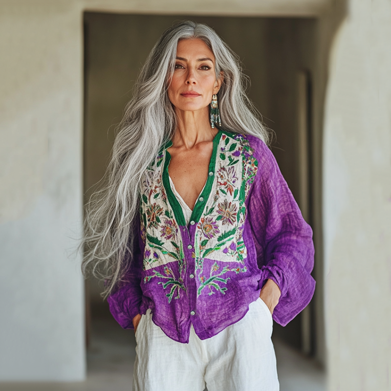 Bohemian Linen Floral Art Print Long Sleeve Loose  Shirt elevenforest