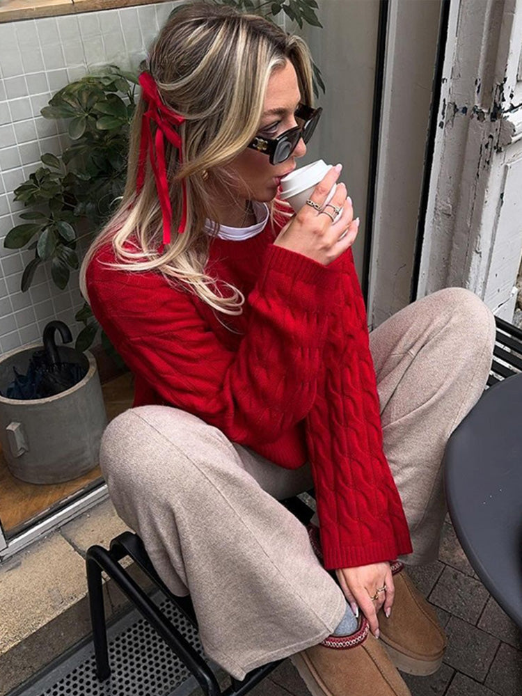 Christmas Sweater Lazy Twist O-neck Long Sleeve Side Split Knitted