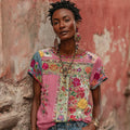 Women's Vintage Bohemian Floral Embroidery Art Round Neck Short Sleeve Linen Blend T-shirt elevenforest