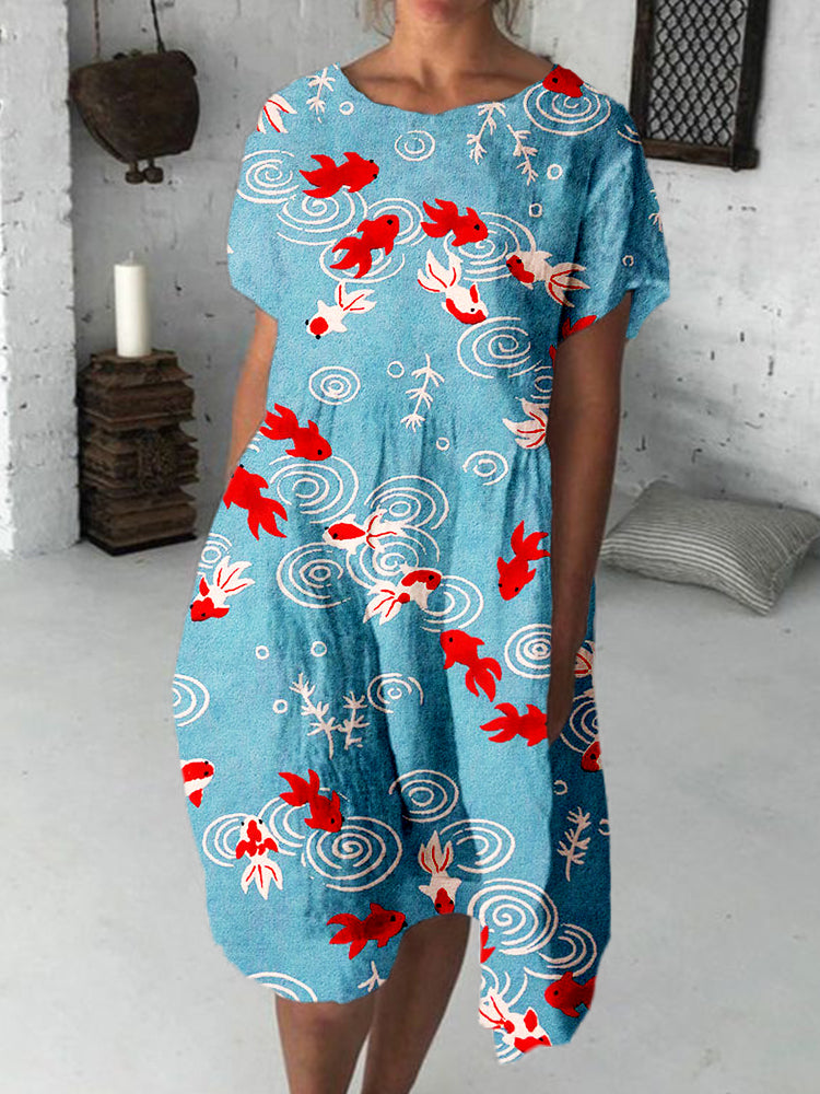 Japanese Gold Fish Art Graphic Crew Neck Midi Dress