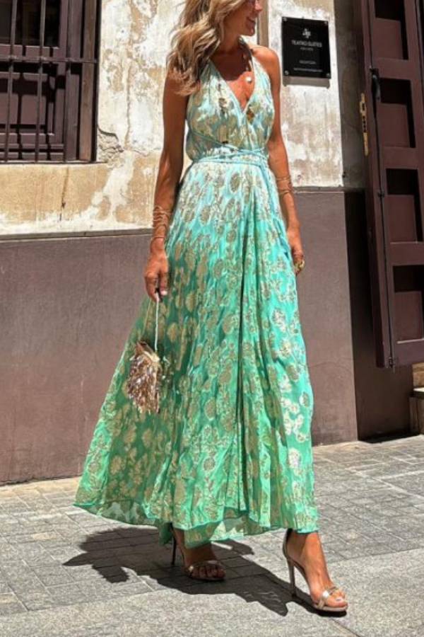 Bianca Tie-dye Ombre Gold Print A-line Halterneck Maxi Dress